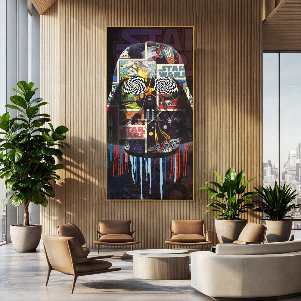 Tablou canvas cu tablou canvas cu darth vader din star wars, in rama de aluminiu auriu, pe perete intr-un birou